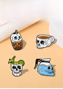 Detailed set of four creative punk skull drink enamel pins for Halloween outfits