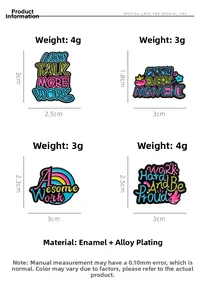 Detailed size and weight specs for enamel brooches with motivational quotes