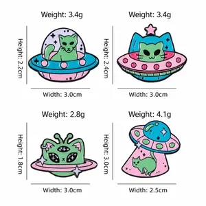 Set of four cute cartoon space cat enamel pins with UFO and Saturn themes on white background