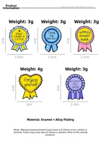 Détails de broches en émail colorées avec spécifications de taille et de poids précis