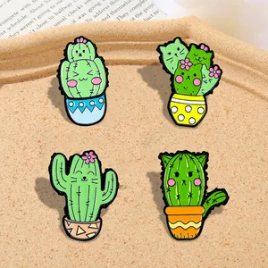 Süße Cartoon Katze Kaktus Emaille Pin Legierung Pflanze Tier Abzeichen Für Kleidung Taschen Rucksack Dekoration Unisex Schmuck Geschenk