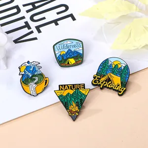 Cartoon Camping Landscape Enamel Pins Alloy Mountain Forest Tent Coffee Cup Wilderness Nature Exploring Brooches For Unisex