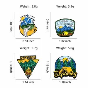 Outdoor enamel brooch set with wilderness designs including tents and forest mountains