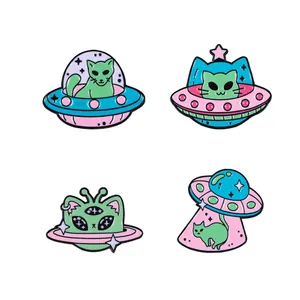 Set of 4 cute cartoon alien cat enamel pins featuring UFO and spaceship themes