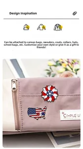 Detail of USA map and star pins attached to a lilac canvas bag as decorative accessories