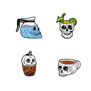 Set of four punk style skull enamel pins featuring creative coffee and drink designs