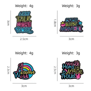 Colorful enamel brooch set with motivational quotes and specific size specifications