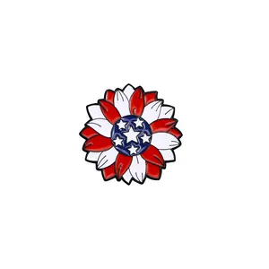USA flag style sunflower enamel brooch pin with red white blue stars and stripes design