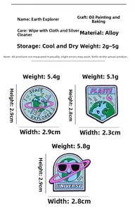 Detailed size chart for Space Explorer enamel pins with alloy weight and dimensions