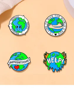 Detailed set of four eco-friendly enamel pins with Earth Day and recycling slogans