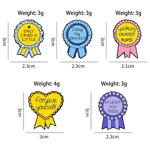 Five creative enamel medal badges set with funny English phrases and colorful ribbon design