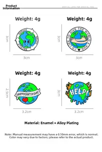 Detailed dimensions of four eco-friendly enamel pins with Earth and heart designs
