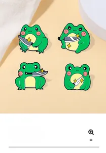 Close-up of four cute cartoon frog enamel pins holding knives made of green zinc alloy