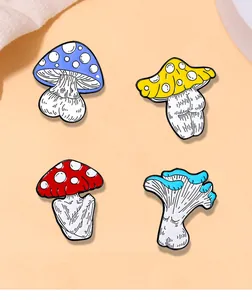 Detailed close-up of a set of four creative mushroom-man enamel pins on orange background