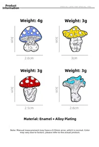 Detail showing set of 4 cartoon mushroom enamel pins with size and weight specifications