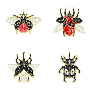 Gothic insect enamel pins set with skull beetle and heart honeybee designs