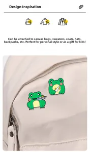 Close-up of cute cartoon frog enamel pins with knife design on white canvas bag