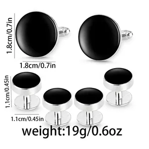 Classic silver-tone cufflinks and studs set with black enamel inlay and size measurements