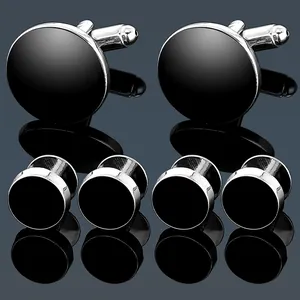 Men's Business Alloy Enamel Cufflinks And Shirt Studs Set Round Black Silver Tone French Shirt Tuxedo Jewelry Accessories