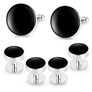 Classic 6-piece silver and black round cufflinks and tuxedo shirt studs set detail