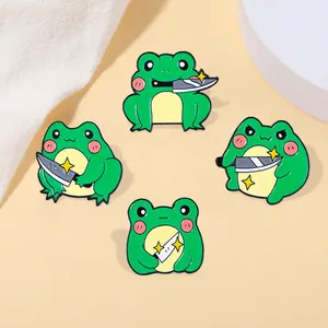 Funny Cartoon Frog Holding Knife Enamel Pin Humorous Green Animal Brooch Zinc Alloy Drip Oil Badge Jewelry Gift For Clothes