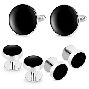 Classic silver and black enamel round cufflinks and shirt studs 6-piece tuxedo set