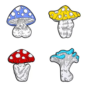 Creative set of 4 funny anthropomorphic mushroom enamel pins with human body features