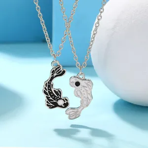 Yin Yang koi fish necklace set with black and white enamel pendants for couples