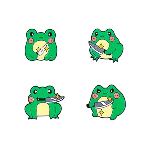 Set of four cute cartoon green frog enamel pins holding knives for clothes and bags