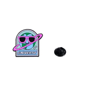 Cartoon earth enamel pin with pink sunglasses and UNIVERSE text for backpacks