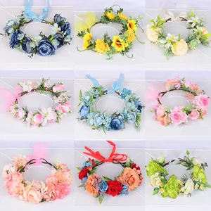 Bandeau Couronne de Fleurs Artificielles Soie Rose Tournesol Marguerite Style Forêt Bohème Ruban Réglable pour Femmes Filles Mariage Fête Vacances Photographie