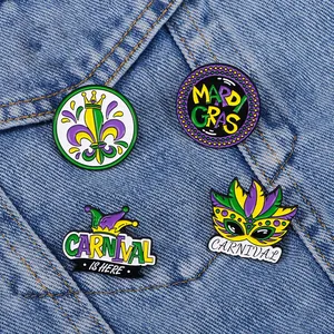 Juego de Pines de Esmalte Mardi Gras Carnaval Aleación Máscara Sombrero de Bufón Flor de Lis Insignia Púrpura Verde Oro Broche para Decoración de Ropa Mochila