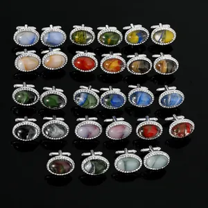 Boutons de manchette homme en métal argenté avec pierres colorées et strass brillants