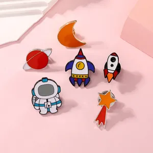 Creative 6-piece cartoon astronaut enamel pin set with rockets planets and crescent moon