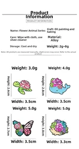 Detailed chart showing size and weight for cute turtle, whale, butterfly and hedgehog brooches