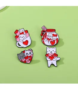 Detailed view of four-piece cat enamel pin set with heart and full of love motifs