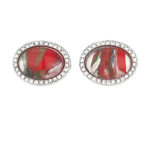 Boutons de manchette ovales argentés avec motif marbré et bordure en cristaux