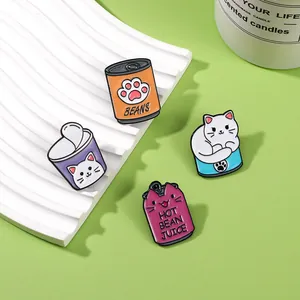 Lot de 4 broches en émail chat mignon avec motifs de boîtes de conserve et nourriture