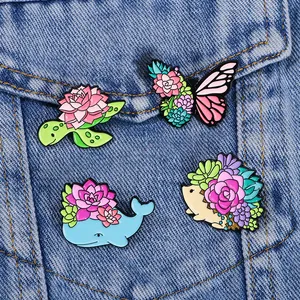Animal Succulent Enamel Pin Hedgehog Turtle Whale Butterfly Badge Colorful Botanical Brooch For Women Kids Gift Jewelry