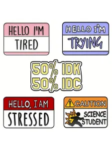 Detailed collection of five enamel greeting name tag badges with funny text on white background
