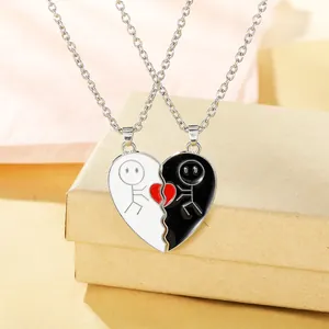Alloy Heart Pendant Necklace Set for Couples Friends Enamel Matching Stick Figure Pendant Jewelry Present