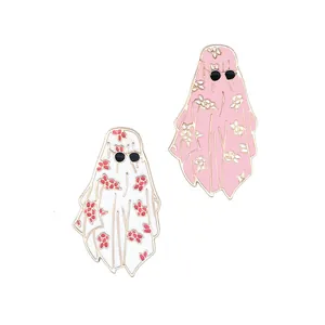 Cartoon Ghost Brooch Alloy Enamel Pin With Sunglasses Flower Pattern Halloween Decorative Badge For Daily Party Jewelry