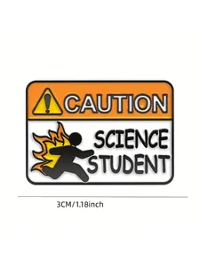 Detailed view of science student caution badge showing dimensions of 3cm and 1.18 inches