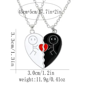 Stick figure heart matching necklace set for couples and BFFs with size specifications