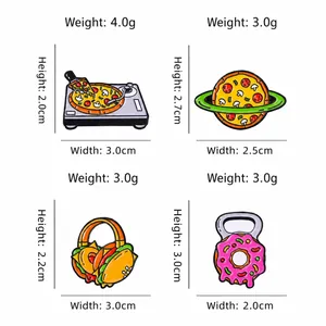 Ensemble de pin's émaillés cartoon pizza et burger avec détails des dimensions et poids
