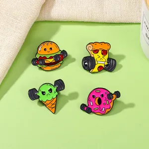 Lot de pins émaillés dessins animés burger et pizza soulevant des haltères pour sport