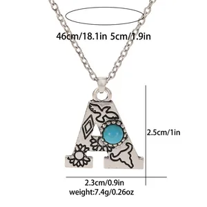 Detailed size specifications for vintage turquoise letter A pendant necklace with dimensions