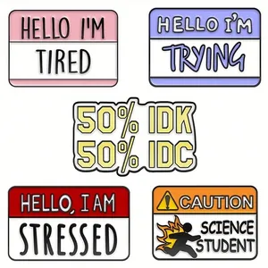5-piece colorful enamel pin set with funny quotes like HELLO I'M TIRED on white background