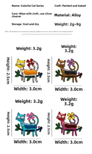 Detailed sizing chart and specifications for four colorful enamel cat animal brooches