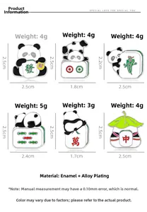 Detail view of cartoon panda mahjong enamel pins with material and size specifications